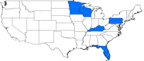 States where Leucospilapteryx venustella (Clemens) has been reported in the United States.